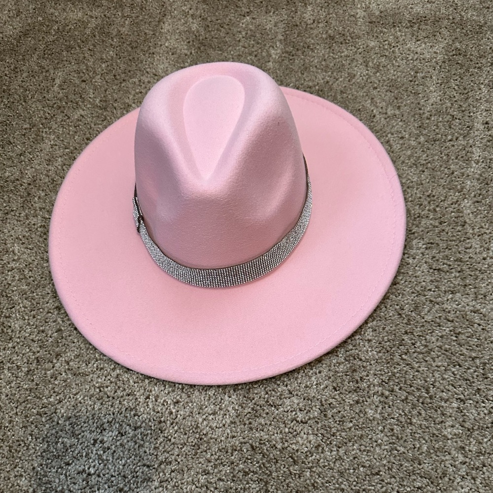 Powder Pink Rhinestone Wide Brim Hat